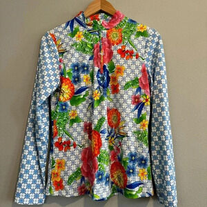 Barbara Erickson Swim Top Rashguard 1/4 Zip Long Sleeve Floral Tropical XL